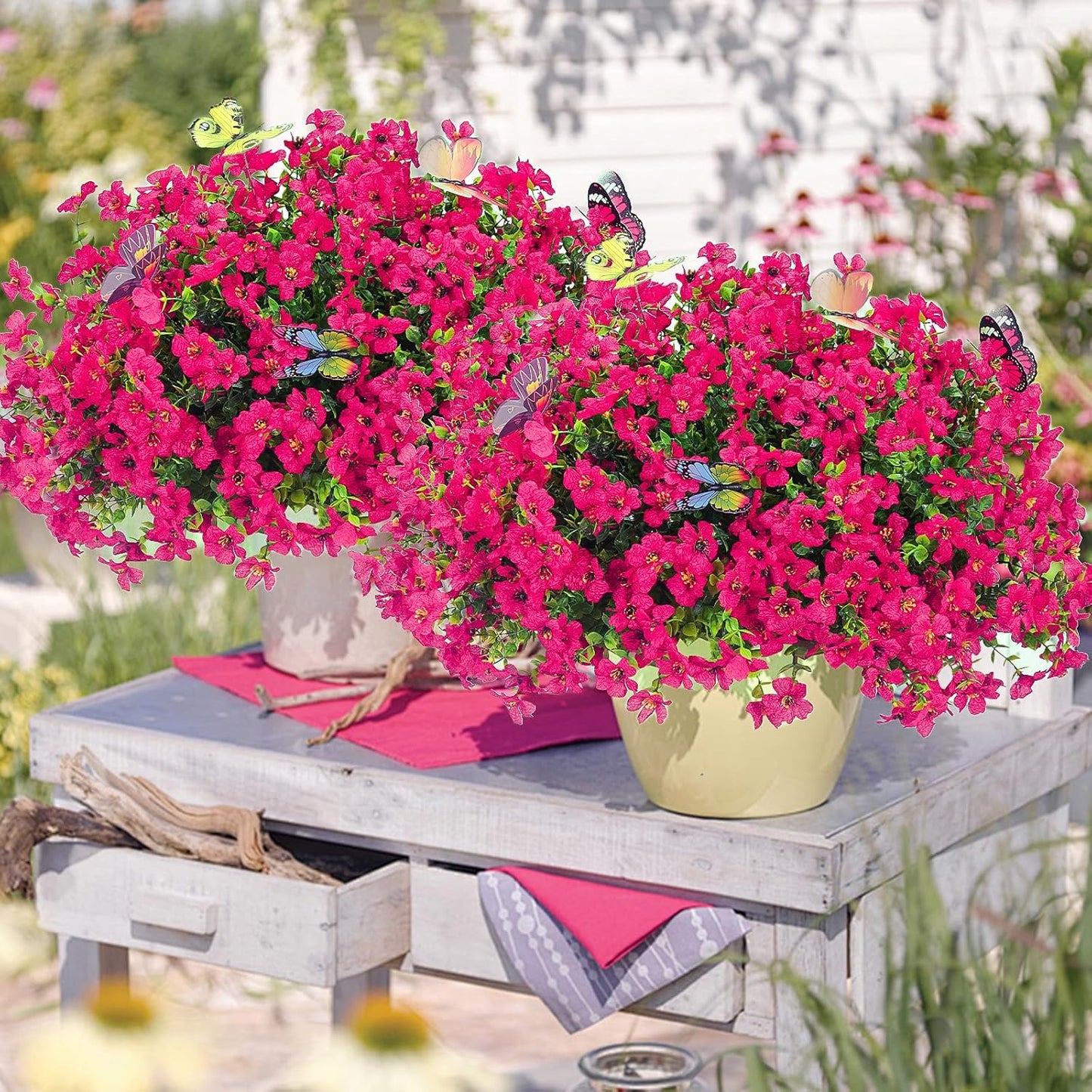 ‌20 Bundles Artificial Flowers for Outdoors‌ with 6 Faux Butterflies, UV Resistant ‌Fake Flowers‌ with Eucalyptus Leaves, ‌Artificial Plants Outdoor‌ for Patio Garden Porch Home Decor (Rose Red)