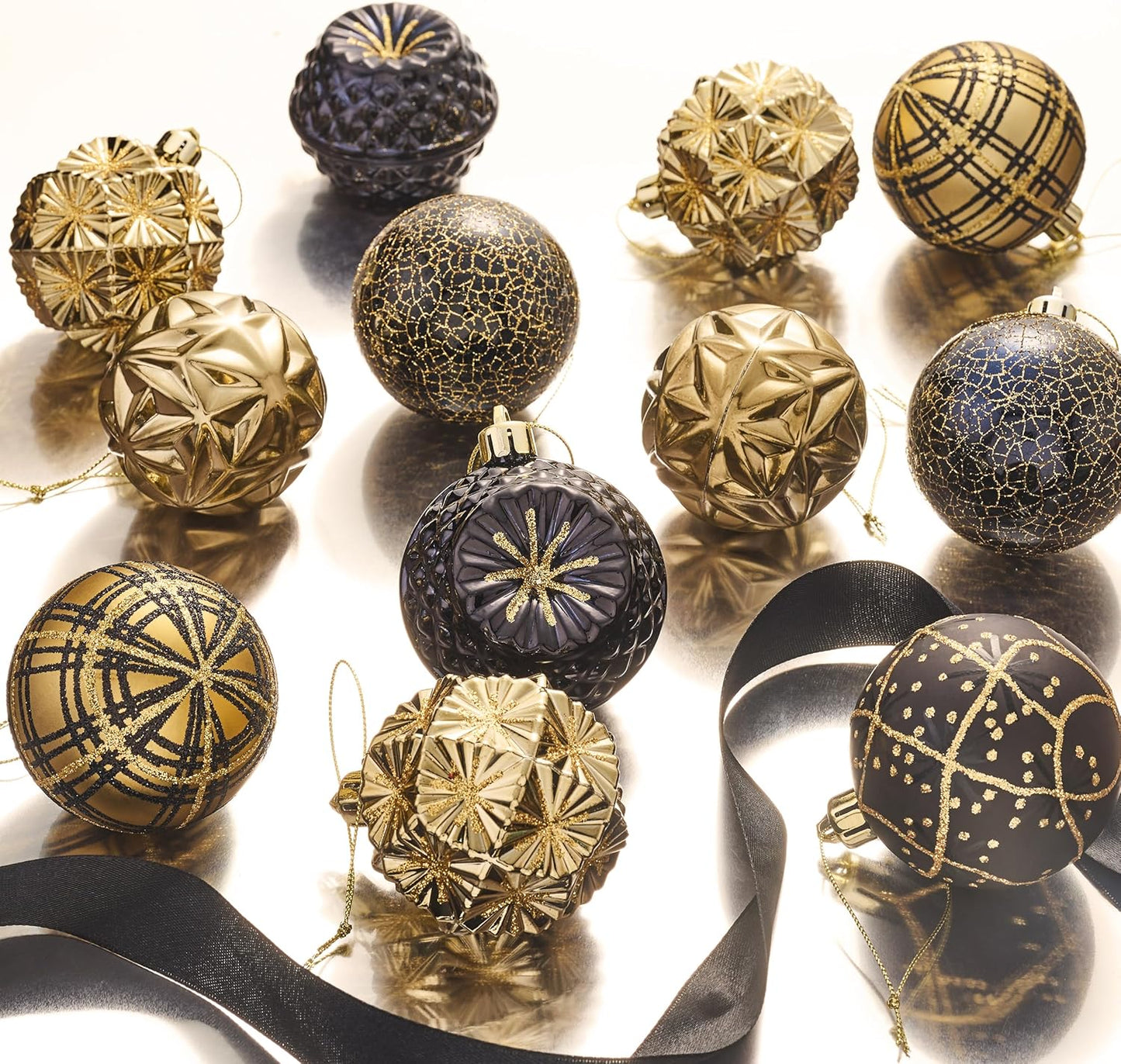 Valery Madelyn Ornaments for Christmas Trees, 9ct 2.36 Inches Black and Gold Shatterproof Christmas Tree Decorations, Luxury Hanging Ball Ornaments for Xmas Holiday Party Decor