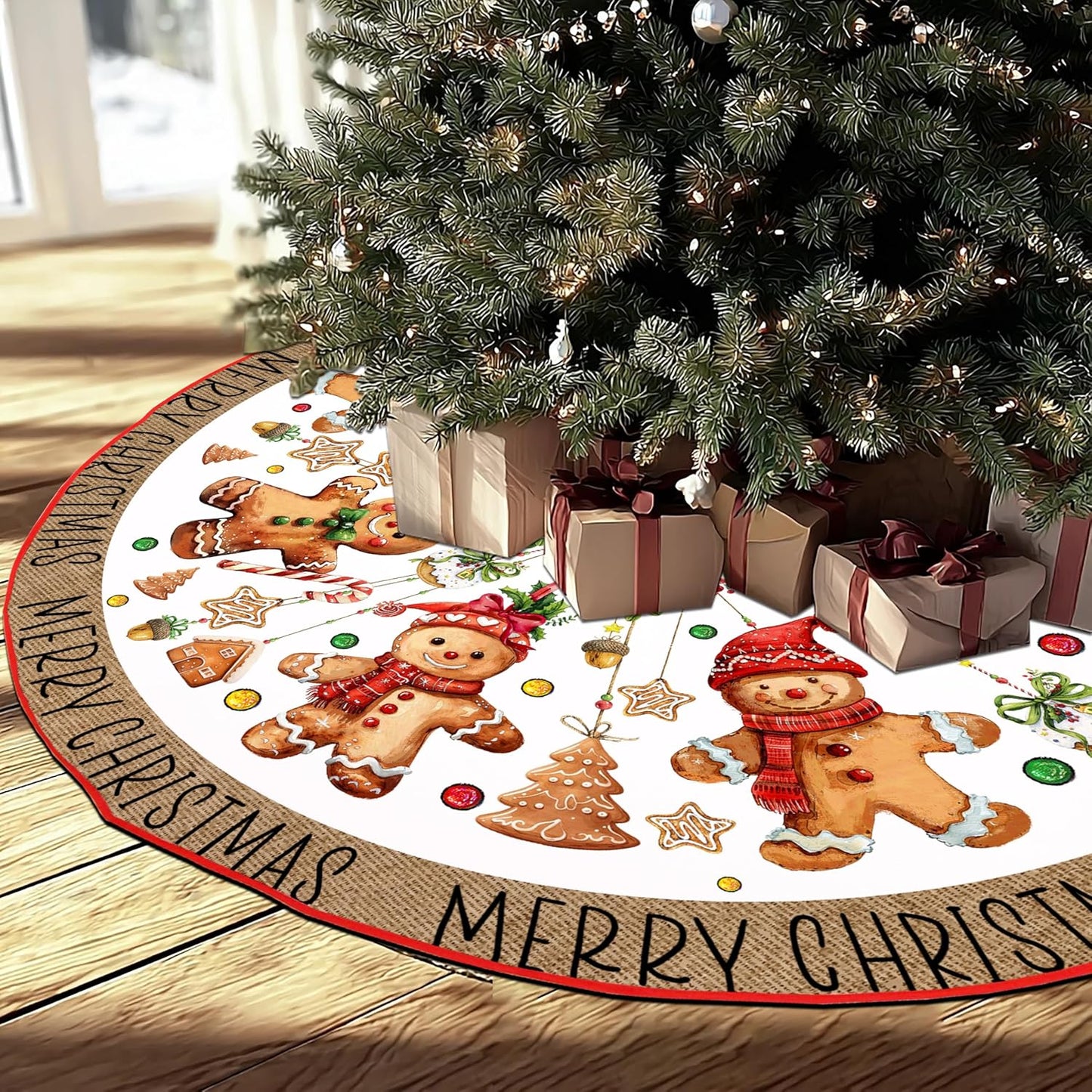 Baccessor Christmas Tree Skirt 36 Inch, Merry Christmas Cute Gingerbread Man Christmas Tree Skirt Collar for Xmas Winter Holiday Farmhouse Vintage Rustic Party Decoration