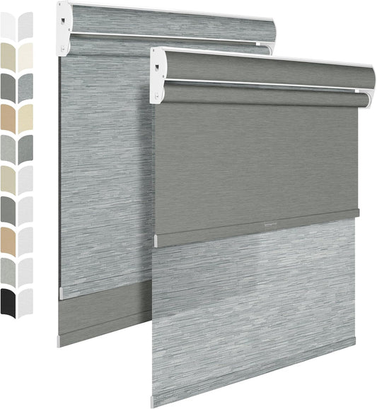 BERISSA Cordless Dual Roller Shades with Cassette Valance, Double Window Shades - Blackout and Light Filtering, Day and Night for Home Office Door. Striped Jacquard Grey. 67 W x 36" H