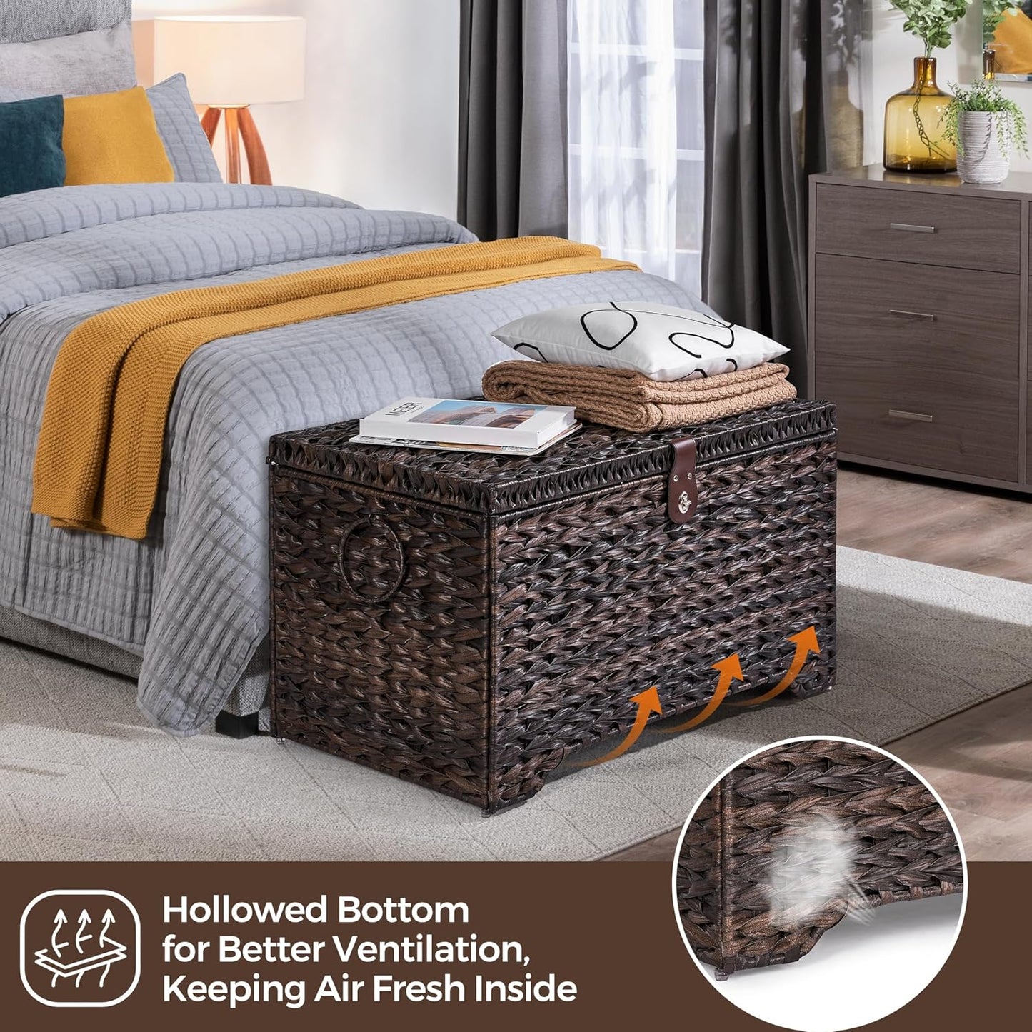 Handwoven Storage Basket with Lid, 165L Plastic Rattan Storage Bin, Leather Buckle & Metal Frame, Large Metal Ring Handles, Storage Trunk for Bedroom, Laundry Room