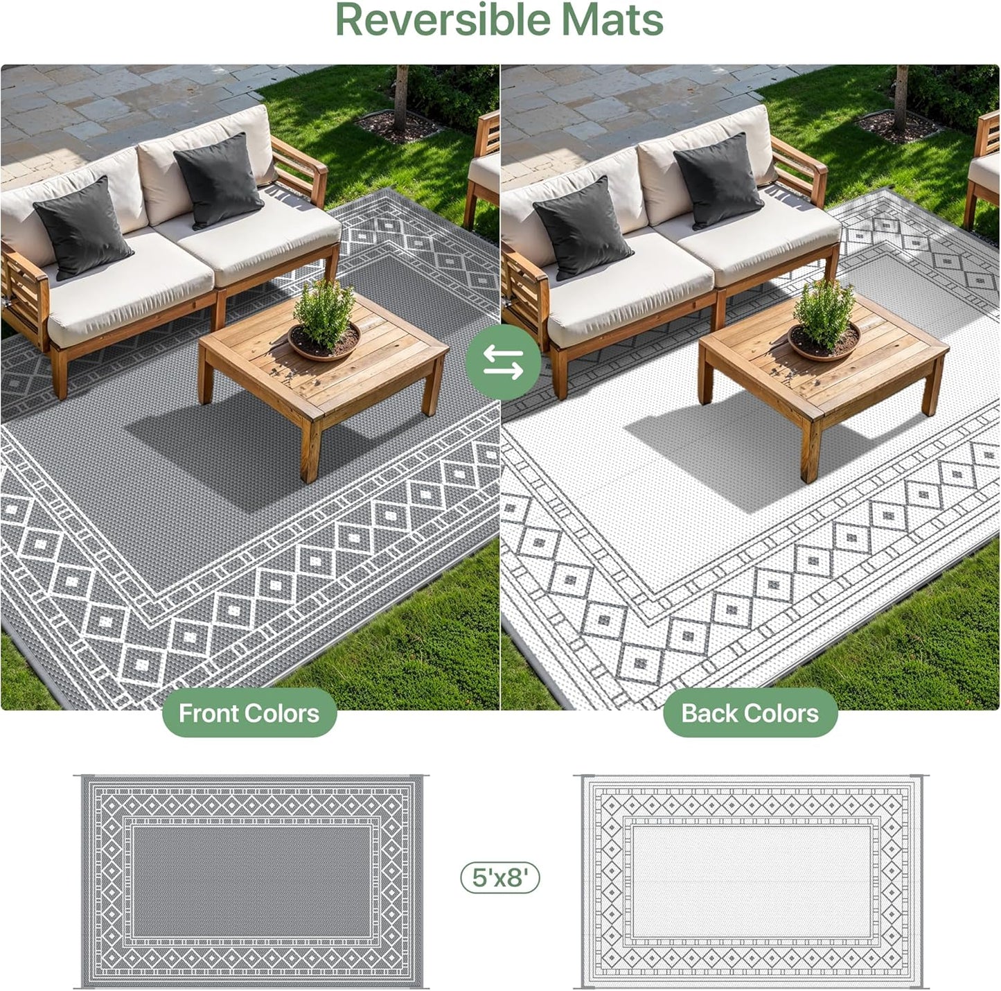 GENIMO Outdoor Rug Waterproof for Patio Decor, 5'x8' Reversible Plastic Straw Area Carpet, Camping Outside Mat for Outdoor, RV, Deck, Camper, Balcony,Picnic Grey & White