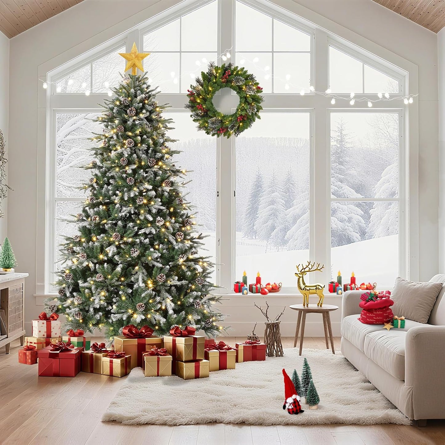 7.5 FT Snow Flocked Christmas Tree with 450 Warm Lights-8 Modes, Prelit Christmas Trees with Pine Cone & Gloves, Metal Folding Stand, Full Artificial Xmars Tree for Home Decor, Norway Spruce, Green