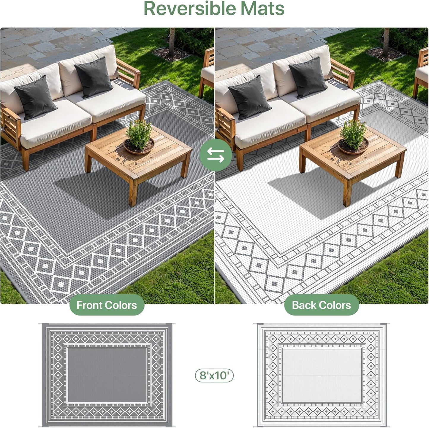 GENIMO Outdoor Rug Waterproof for Patio Decor, 8'x10' Reversible Outdoor Plastic Straw Rug Carpet, Camping Mats for Outdoor Decor, RV, Backyard, Deck, Balcony, Picnic, Grey & White