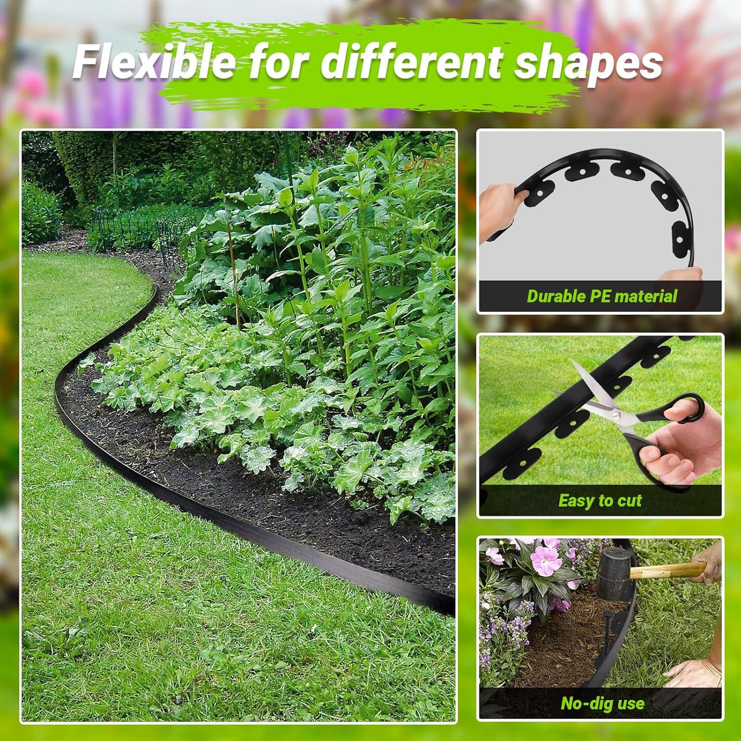 Greaner Edging for Landscaping 2 Inch Tall, 66FT Garden Edger Border, Landscaping Edging Border with 60 Plastic Spikes and 70 Solid Iron Spikes, Flexible Garden Border Edging for Garden Flower Beds