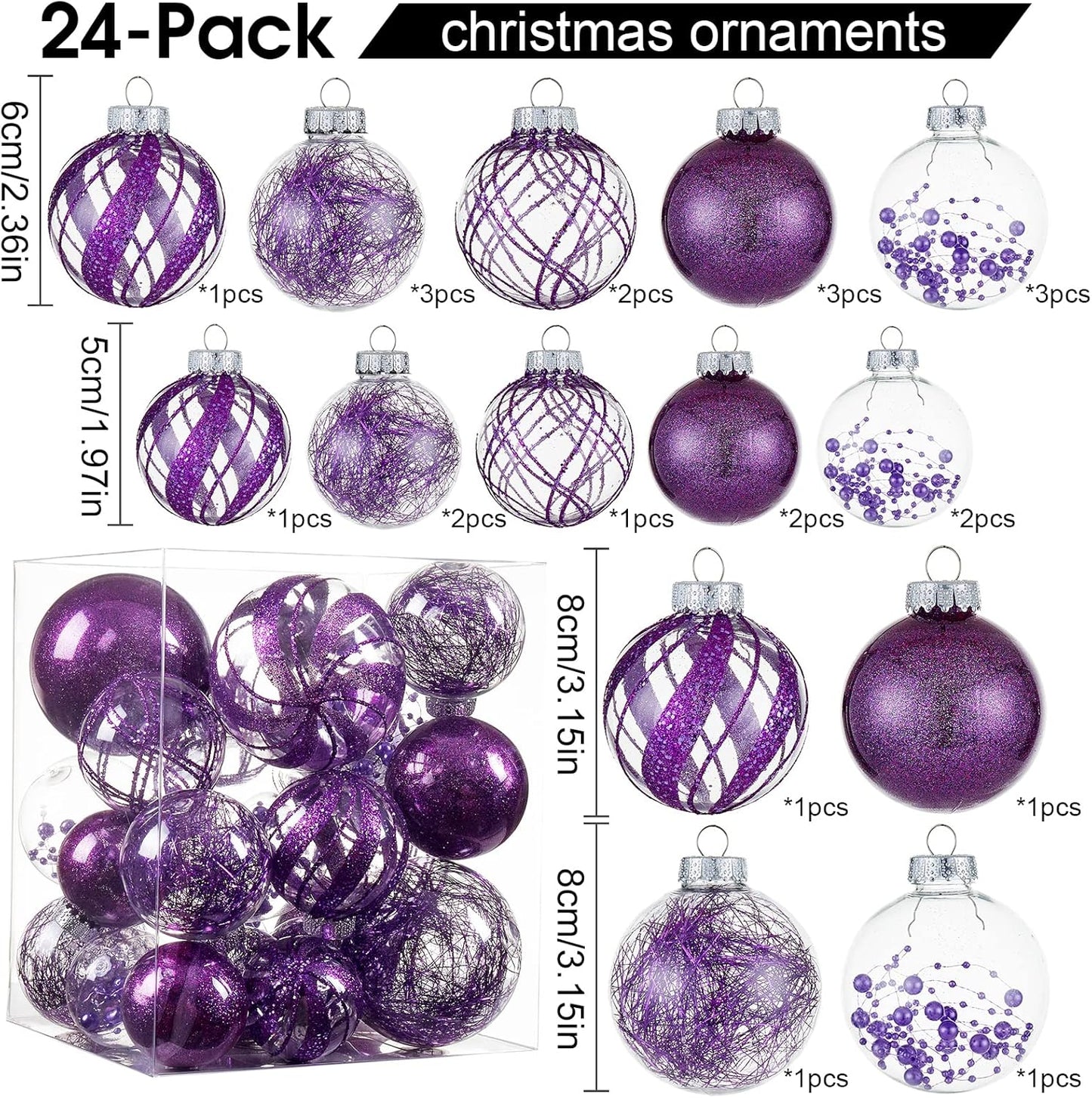 Clear Christmas Ball Ornaments,24ct Shatterproof Plastic Decorative Christmas Ornaments Hanging Xmas Tree Baubles Set with Stuffed Delicate Glittering Decorations for Holiday Party Home Decor(Purple)