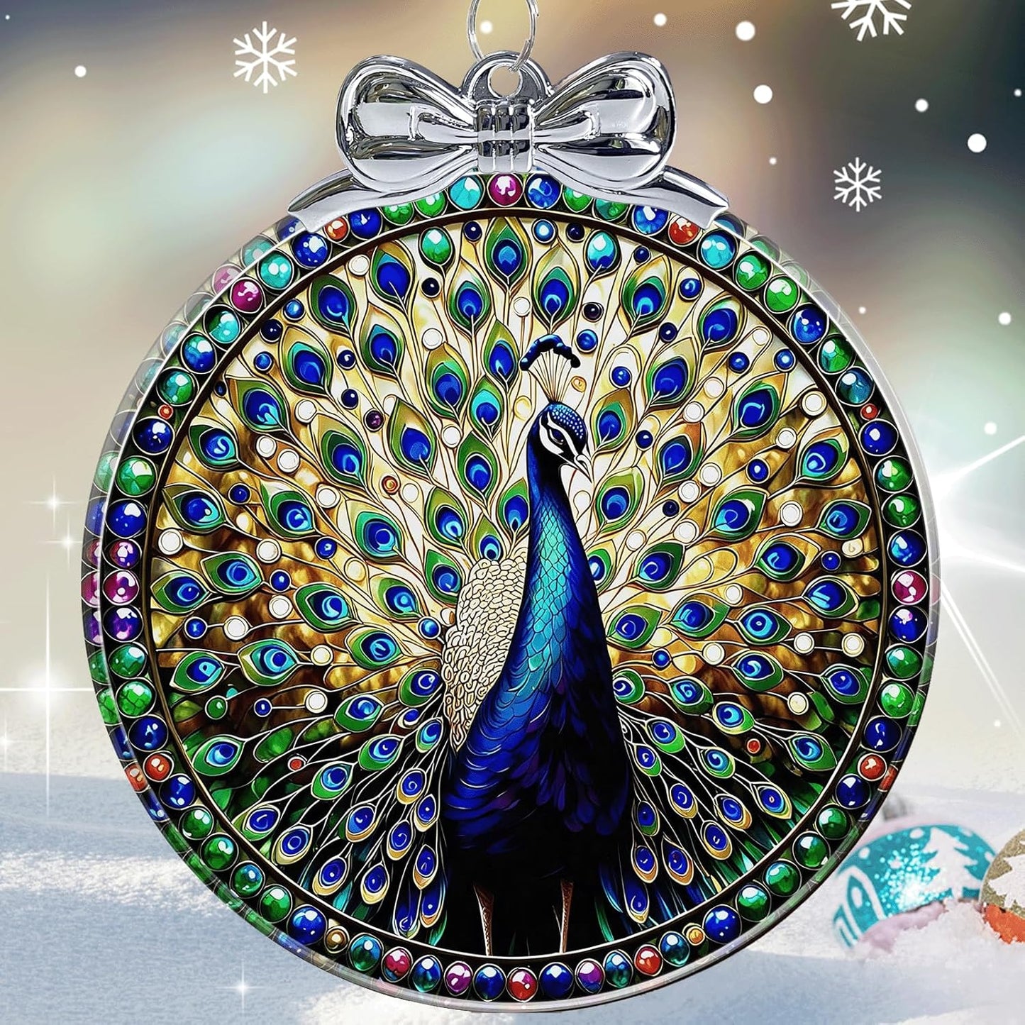Peacock Stained Glass Christmas Ornament - Hanging Ornaments for Christmas Tree Decorations -Holiday Keepsake Present Exchange Idea