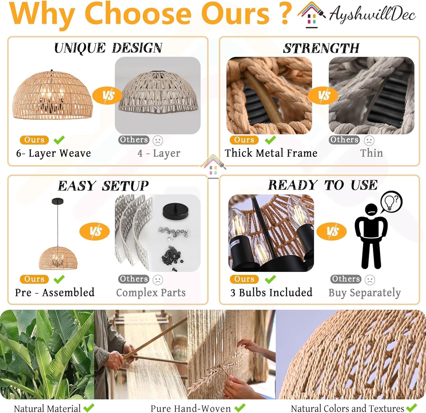 17.6 inch Hemp Rope Woven Pendant Light Wicker Pendant Light 3-light Rattan Light Fixture Boho Chandelier Farmhouse Chandelier Dome Pendants Light for Dining Room Bedroom Kitchen(Bulb Incl