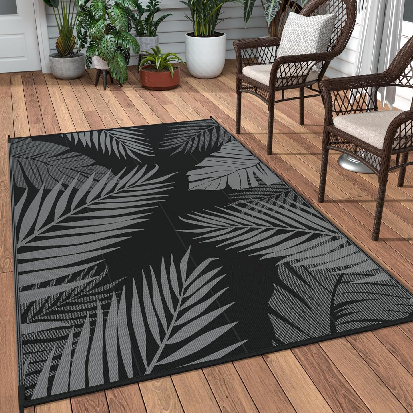 GENIMO Outdoor Rug 3' x 5' Waterproof for Patios Clearance, Reversible Outdoor Plastic Straw Camping Rug Carpet, Large Area Rugs Mats for RV, Camper, Deck, Balcony, Porch, Beach, Picnic, Black&Grey