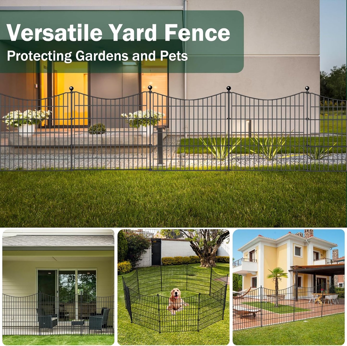 4 Panels Decorative Garden Fence with Gate, 48 in(H) X 10.5 ft(L) No Dig Dog Fence Animal Barrier Outdoor for Yard, Rustproof Metal Garden Edging and Borders, Temporary Fencing Stakes