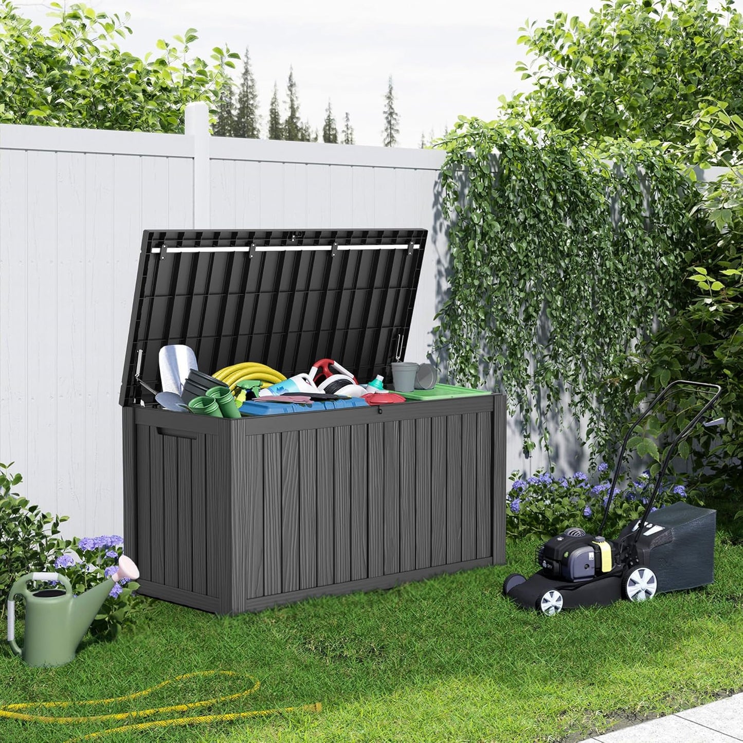 150 Gallon Deck Box,Resin Outdoor Storage Box with Lockable for Patio Furniture, Pool Accessories, Garden Tools Waterproof Outside Storage Box, Black