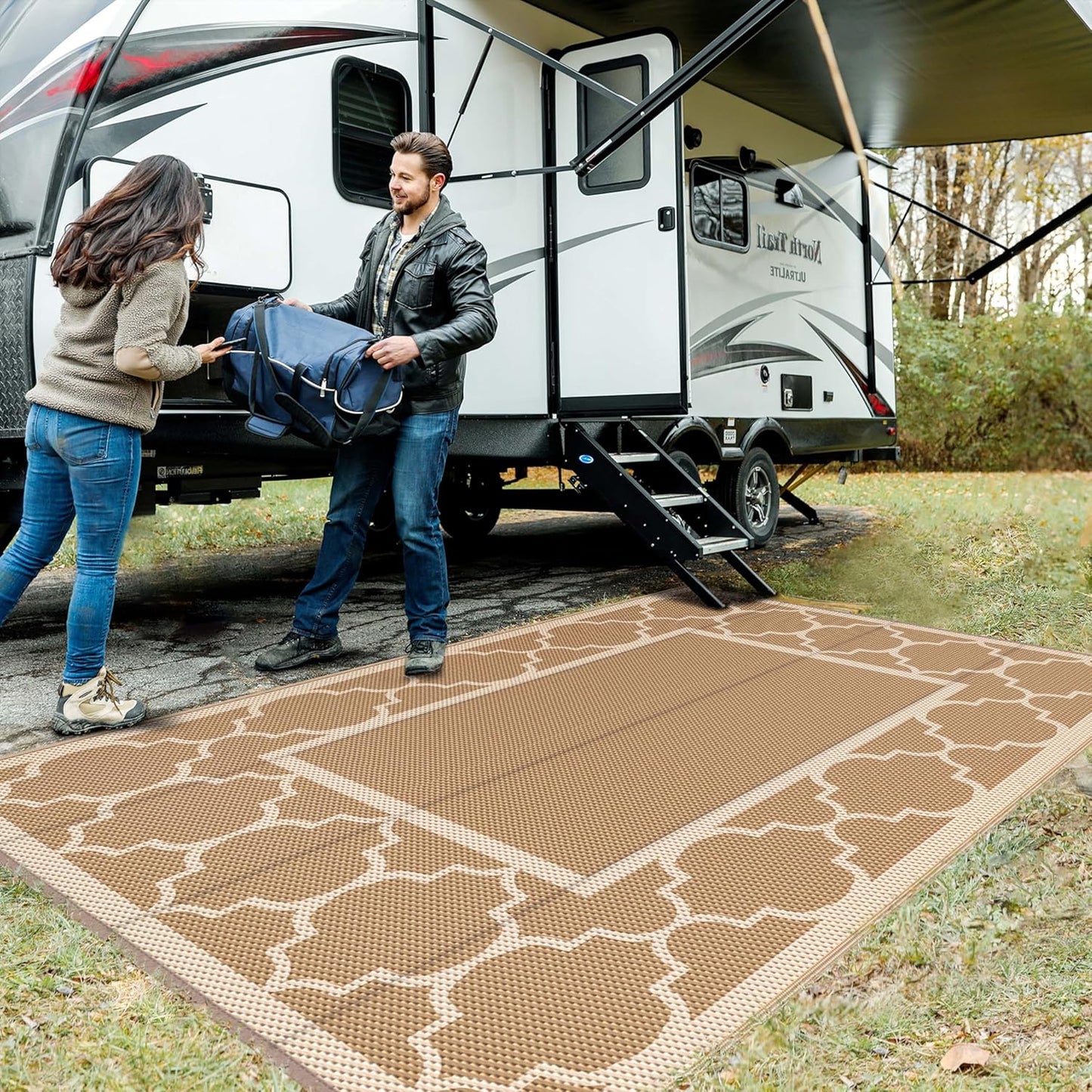 GENIMO 6' x 9' Outdoor Rug Waterproof for Patio Decor, Foldable Reversible Plastic Straw Area Rugs Mat for Camper, Outside Carpet for Rv, Deck, Porch, Picnic, Beach, Balcony, Brown & Beige