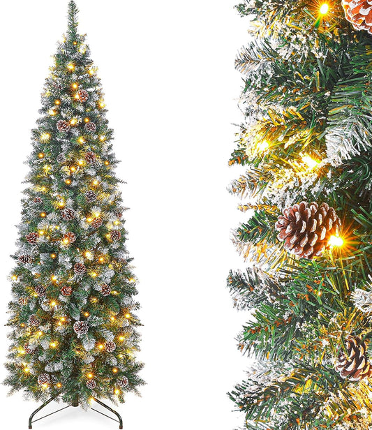 Homde Pencil Christmas Tree 7 Foot Pre-Lit Artificial Christmas Tree with Flocked Snow Pine Cone 210 Warm White Light Holiday Decor