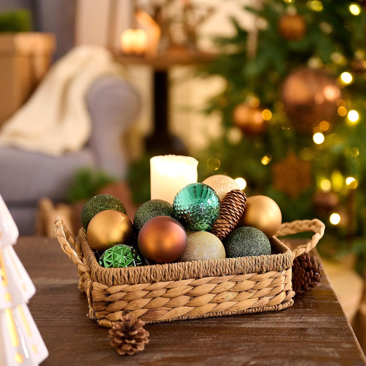 Valery Madelyn Christmas Tree Decorations Ornament Set for Fall Halloween, 50ct 2 Inches Green Brown and Gold Shatterproof Christmas Ball Ornaments Hanging Xmas Holiday Party Decor