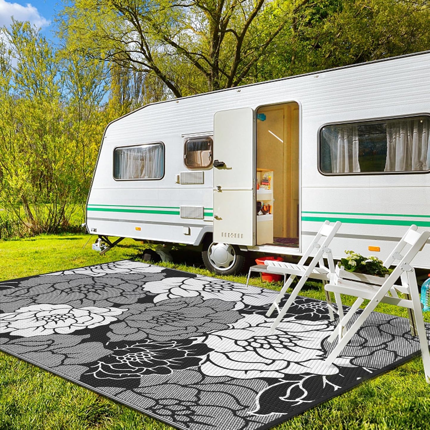 GENIMO Outdoor Rug Waterproof for Patio Decor, 8' x 10' Reversible Plastic Straw Floral Camping Carpet, Large Area Rugs Mats for RV, Camper, Deck, Balcony, Porch, Beach, Picnic, Mix-Black & White