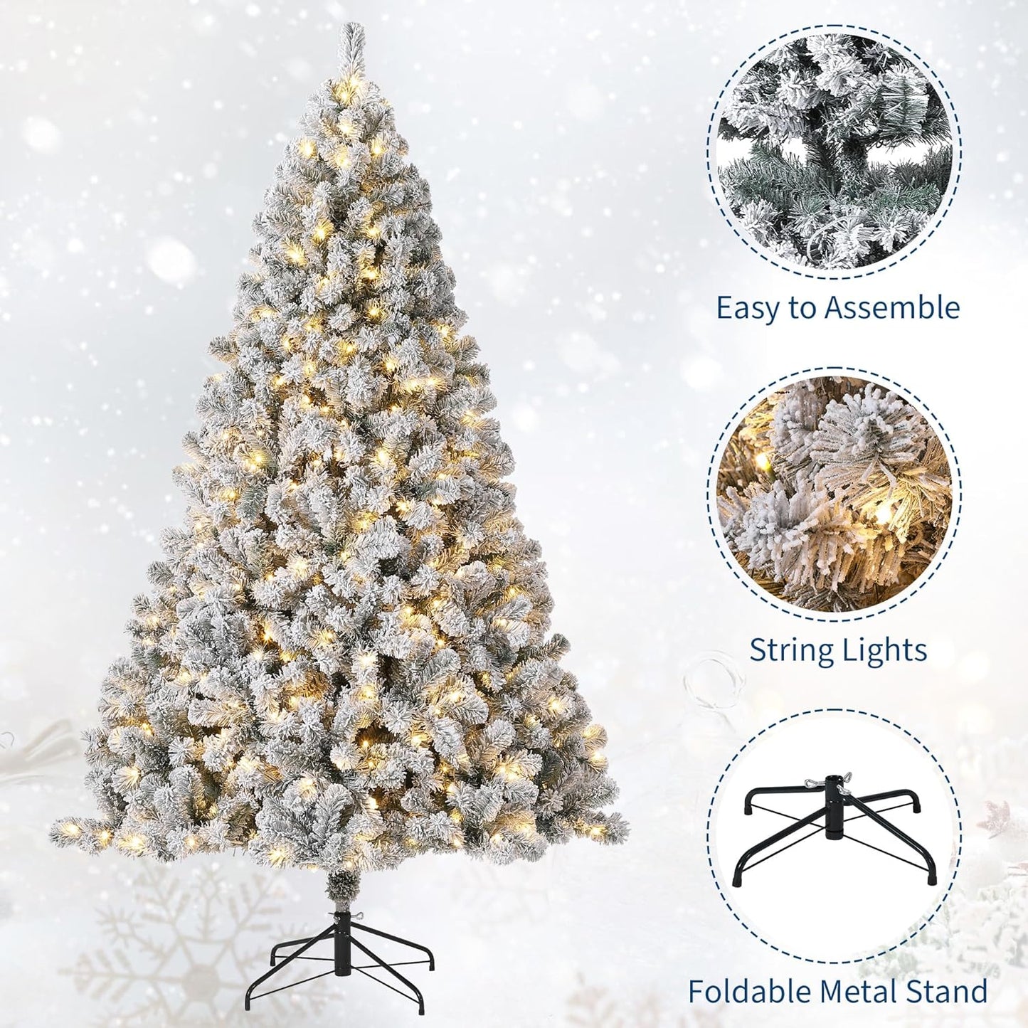 GarveeHome 7.5ft Prelit Artificial Christmas Tree with Warm White Lights, Snow Flocked Full Xmas Tree with 1050 Branch Tips, 450 LED Lights & Foldable Stand, Green & White Christmas Decorations