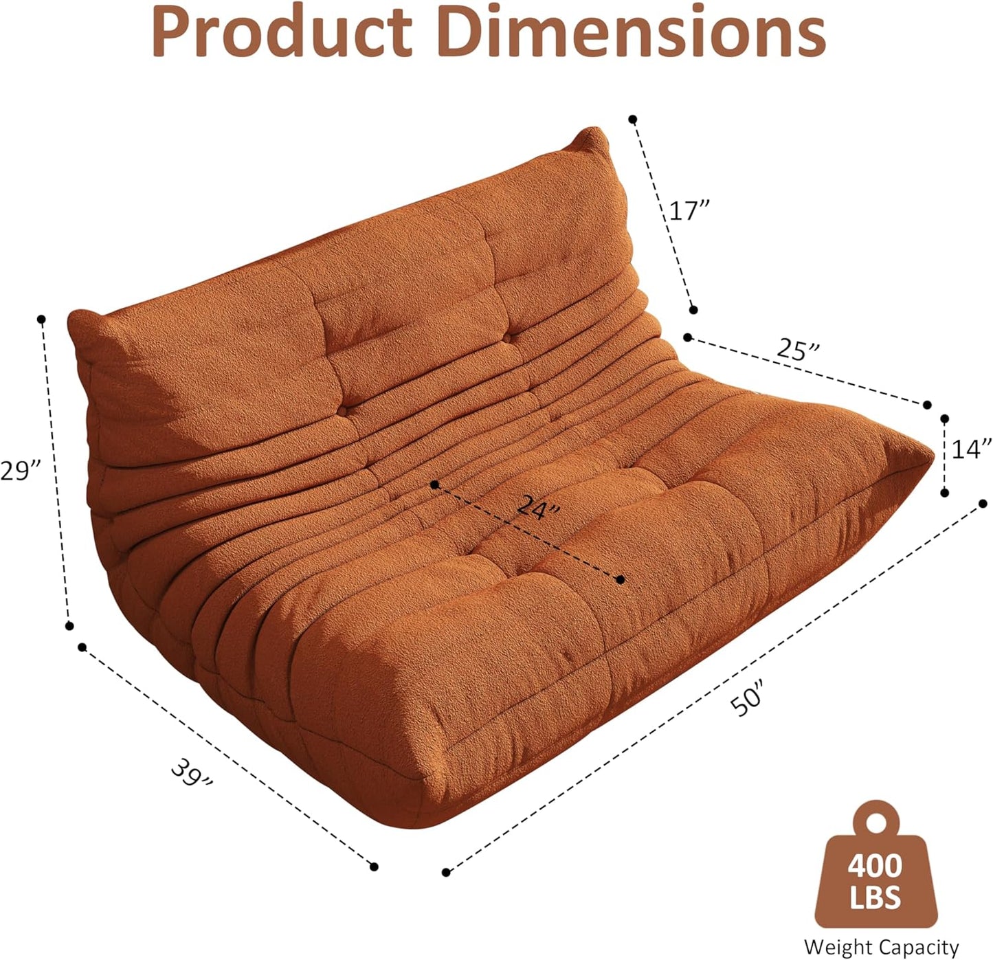 Bean Bag Chairs for Adults Giant Bean Bag Chair， 2 Seater with Memory Foam Filled Fireside Chair, Lazy Sofa Lounge Floor Sofa for Living Room, Bedroom, Office, No Assembly Required. (Orange)