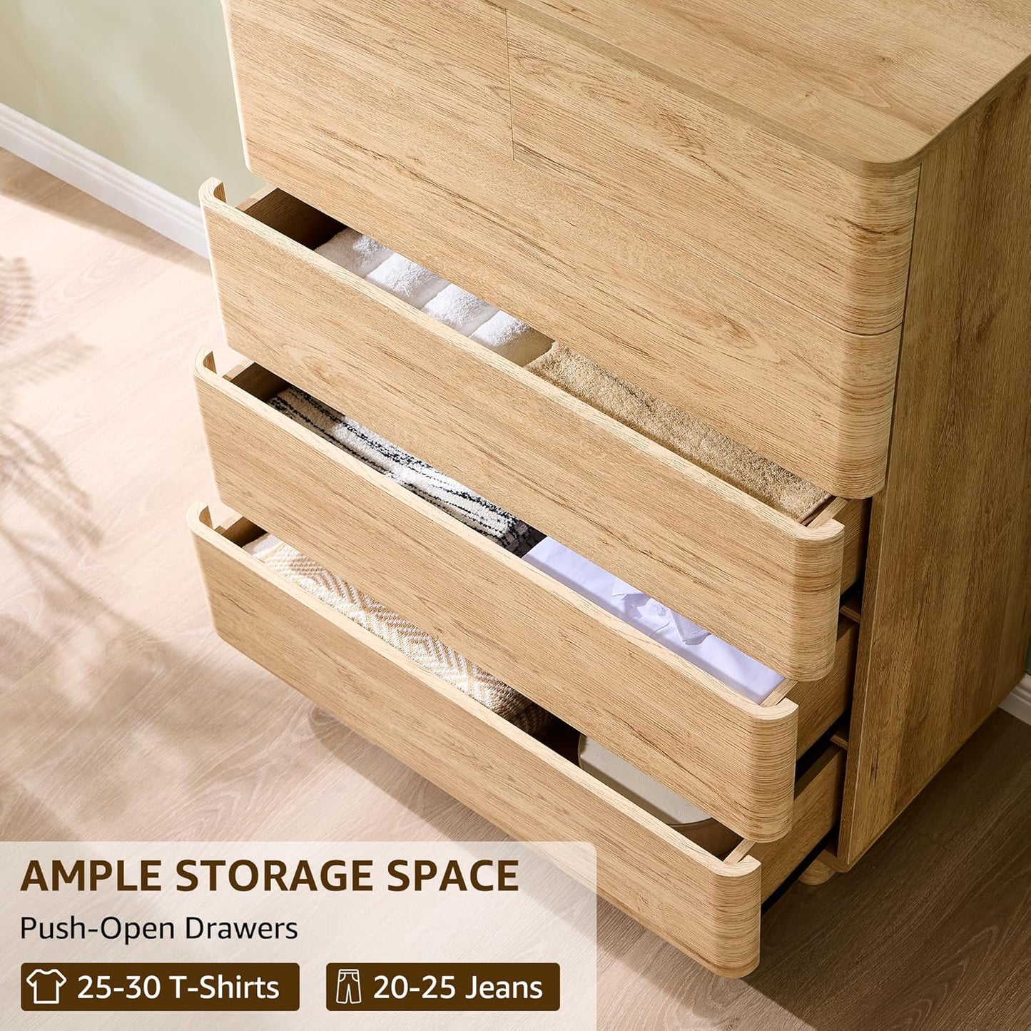 6 Drawer Dresser for Bedroom, 42 Inch Tall Modern Chest of Drawers, Push-to-Open Wood Storgae Organizer with Large Drawers for Bedroom, Living Room, Hallway, Natural Oak