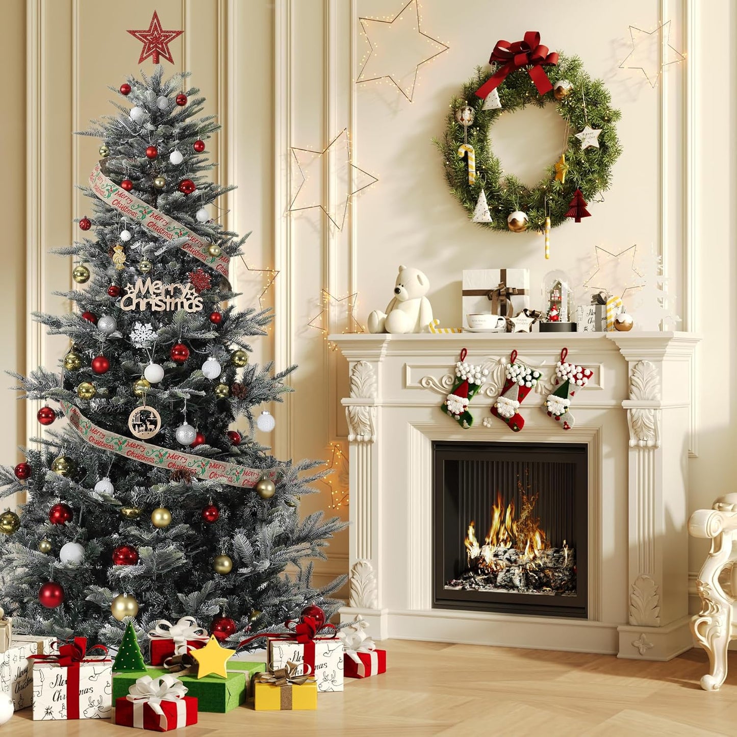 7.5ft Pre-lit Artificial Christmas Tree with Incandescent Warm White Lights, Snow Flocked Full Prelighted Xmas Tree Automatic Branch Tips, UL Listed Lights & Foldable Stand, Green & White