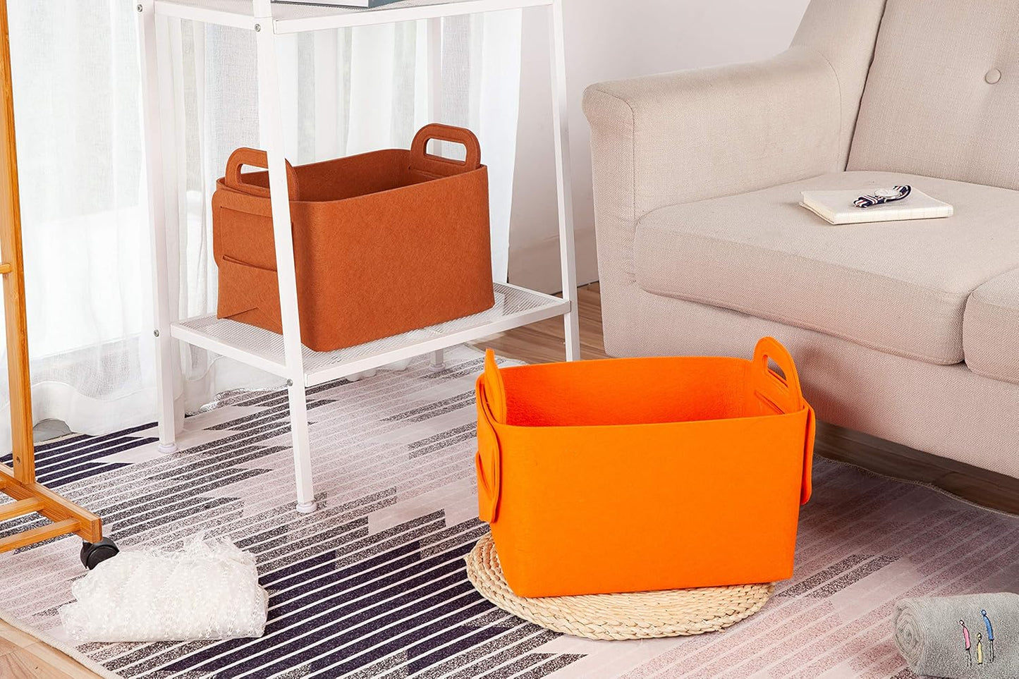 Minoisome Storage Basket Felt Storage Bin Collapsible& Convenient Box Organizer with Carry Handles for Office Bedroom Closet Babies Nursery Toys Laundry (Orange, 13.8inch（L）×9.5inch（W）×8.3inch（H）)