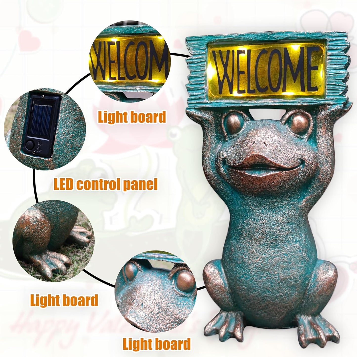 Frog Solar Welcome Garden Statues Outdoor Décor- Frog Figurines Solar LED Light Lawn Ornaments - Yard Decorations for Patio, Balcony, Backyard -Unique House Warming Gifts for Mom