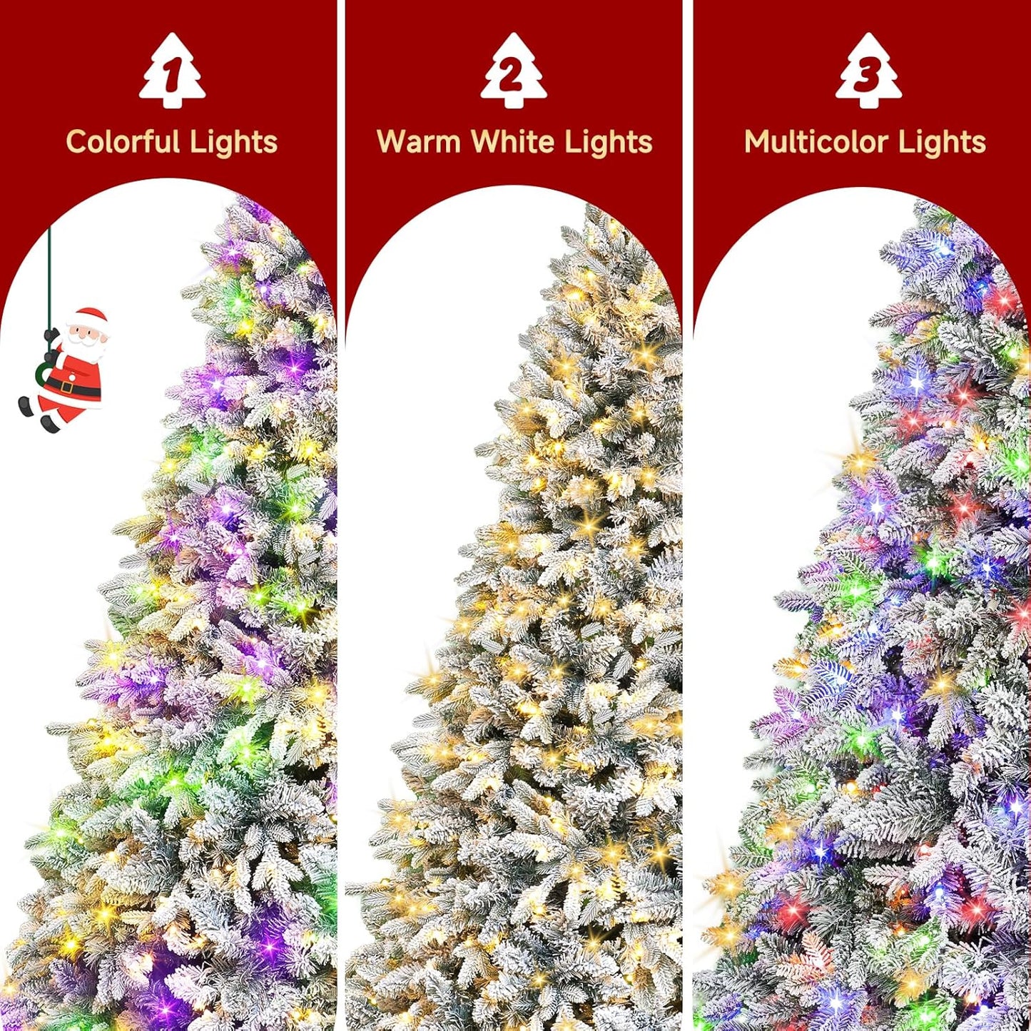 9ft Pre-Lit Snow Flocked Rotating Christmas Tree with 600 Multi-Color LED Lights, 2512 PE & PVC Tips - Realistic Artificial Tree for Holiday Decor