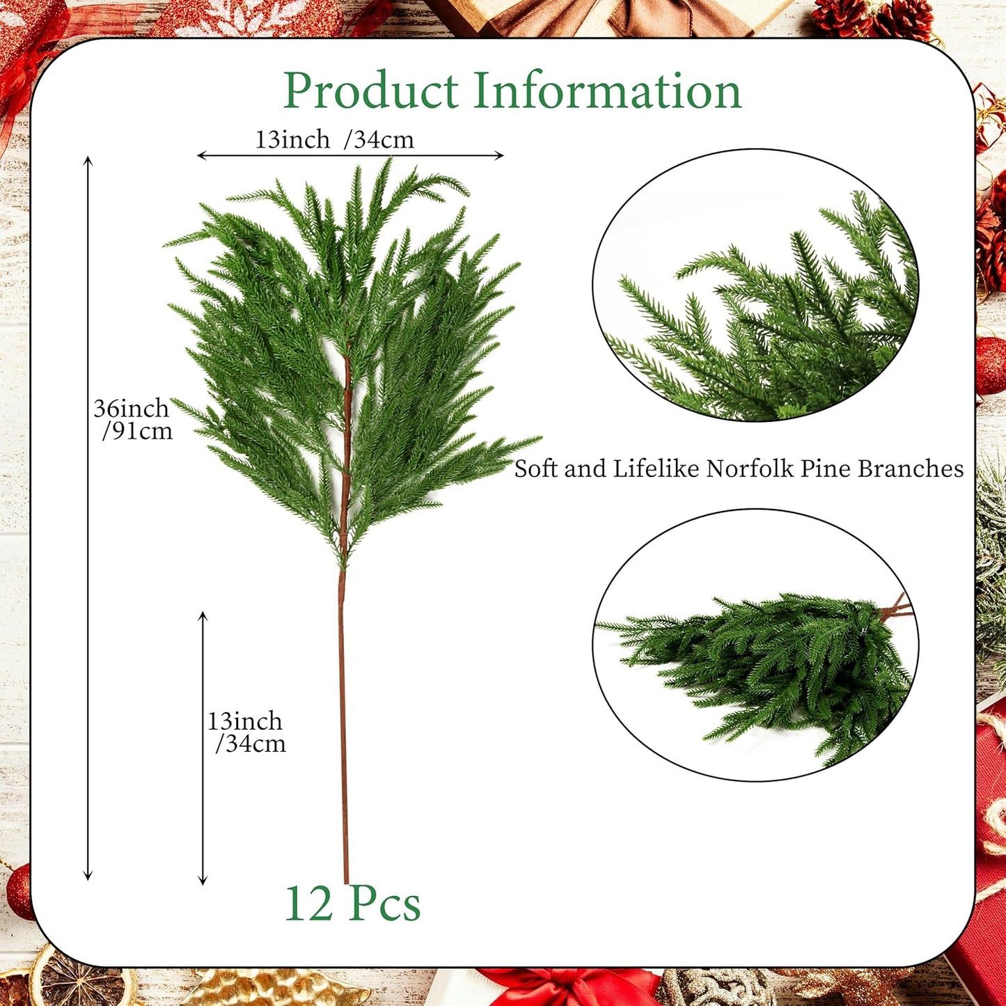 12Pcs Artificial Norfolk Pine Branches 36" Plastic Christmas Plants Decor Faux Greenery Stems Pine Picks Outdoor Faux Plants UV Resistant for Xmas Indoor, Front Porch Home Décor (12, 36inch)