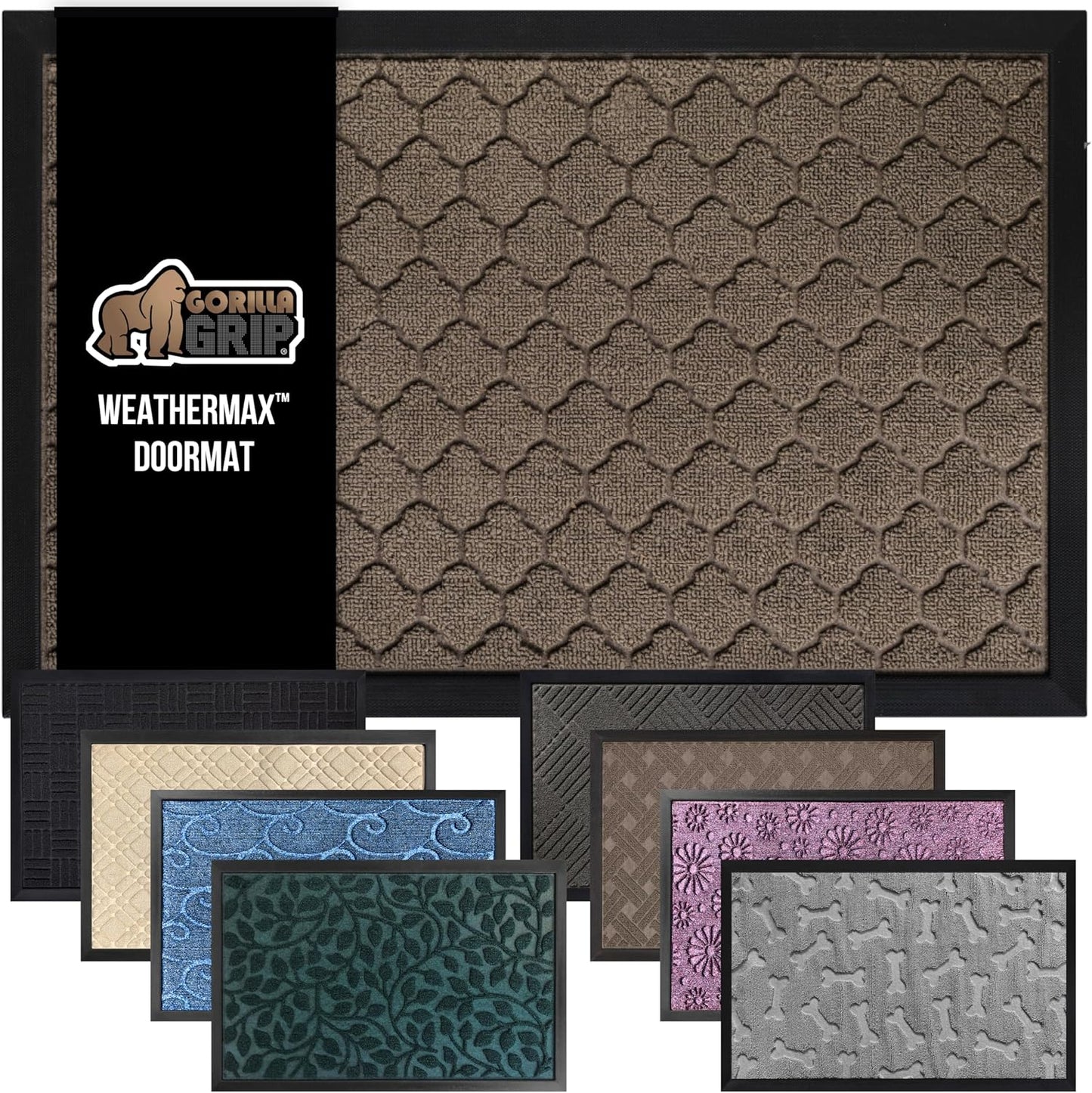 GORILLA GRIP 100% Waterproof All-Season WeatherMax Doormat, 47x35, US Designed Natural Rubber, Stain and Fade Resistant, Low Profile Indoor Outdoor Door Mats, Easy Clean Patio Mat, Latte Quatrefoil