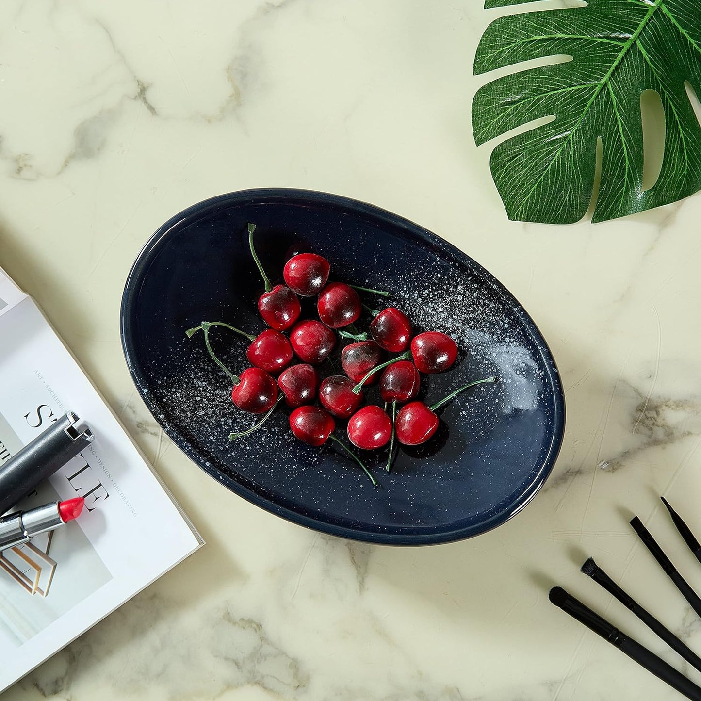 Oval Ceramic Decorative Bowl, Key Dish for Entryway Table, Small Home Decor Accent, Trinket Tray for Office Home Decor Gift (10'' Starrysky Blue with Glaze Layer)