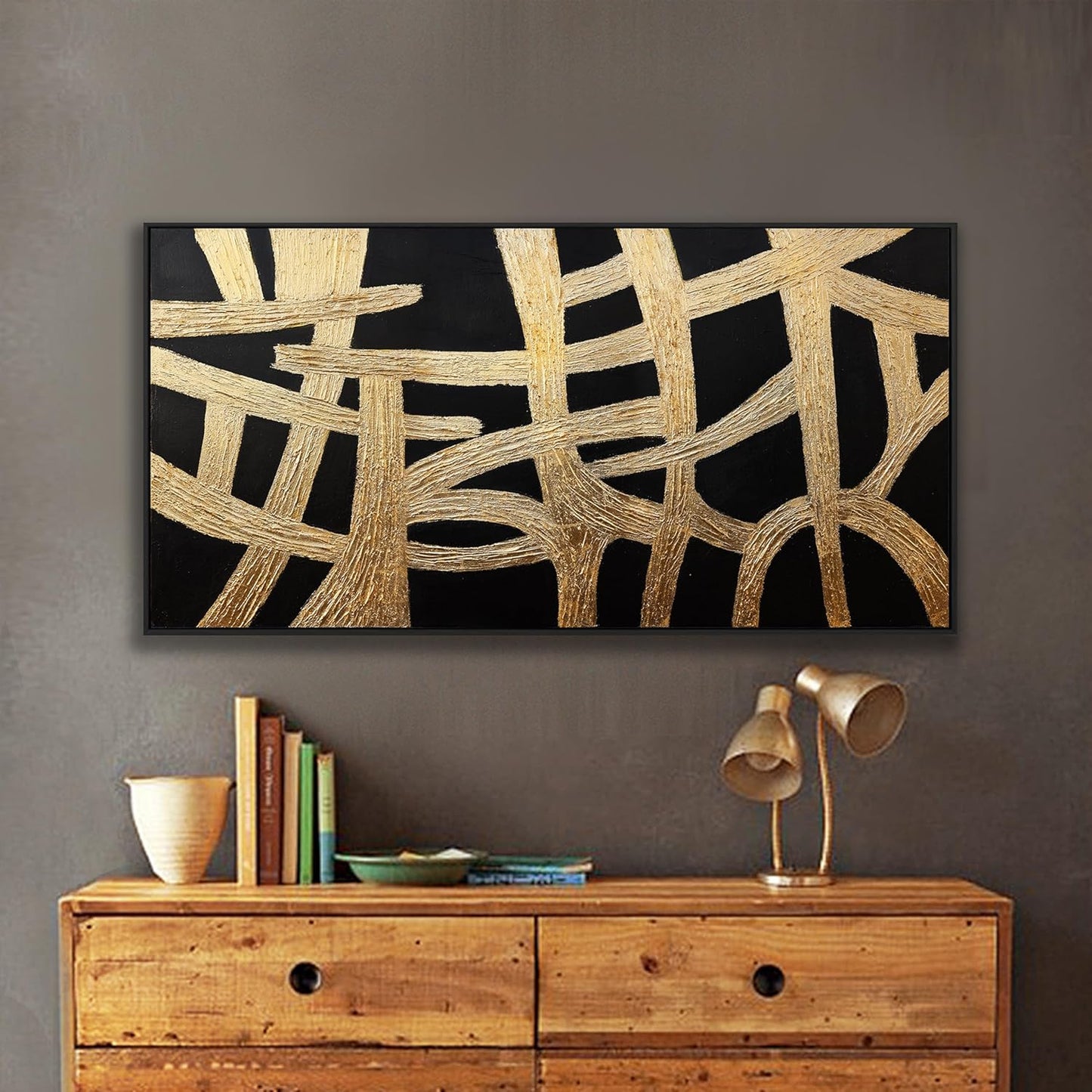 Abstract Canvas Wall Art Modern Artwork Canvas Prints Framed Canvas Picture Contemporary Wall Art Black And Gold Lines Texture Artwork Bedroom Living Room Office Decoration Ready To Hang 24x48