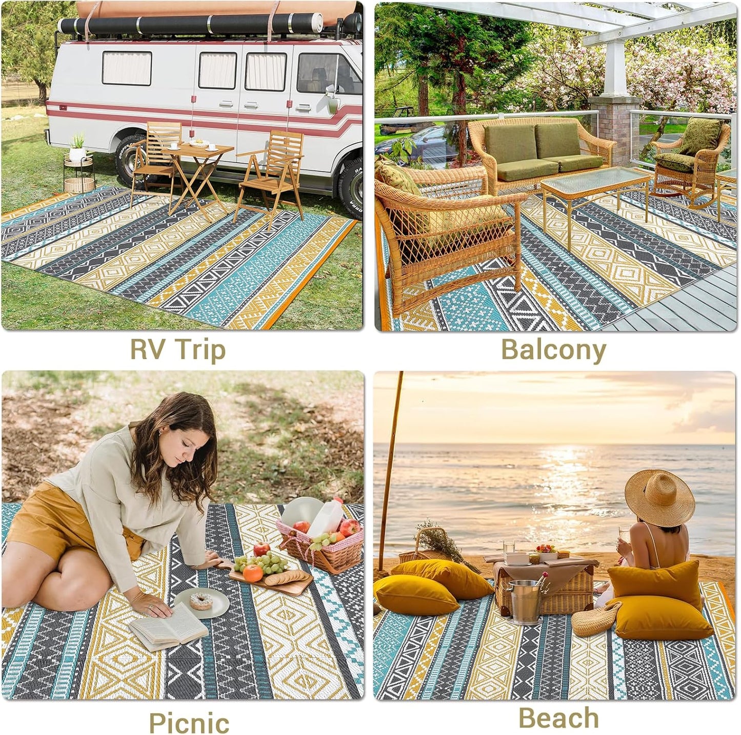 GAOMON Outdoor Plastic Straw Rug, 10'x20' Reversible Sage Green Patio Mat, Flower Modern Design for RV, Backyard, Deck, Camping, Picnic, Teal/Yellow(Bohemia)