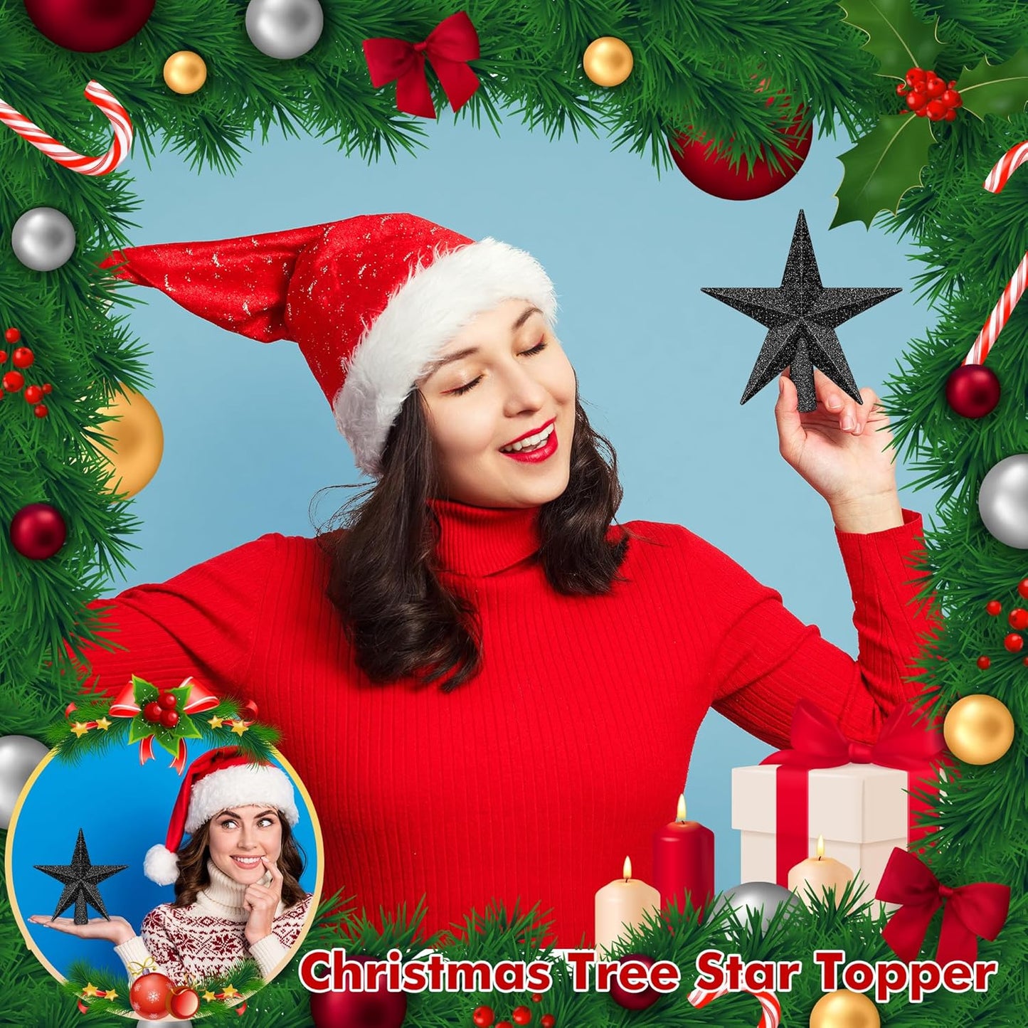 1PCS Christmas Star Tree Topper, 4" Black Christmas Tree Topper Decorations, 3D Glitter Shatterproof Mini Bethlehem Star Tree Decor, Waterproof Christmas Tree Topper for Holiday Indoor Ornament