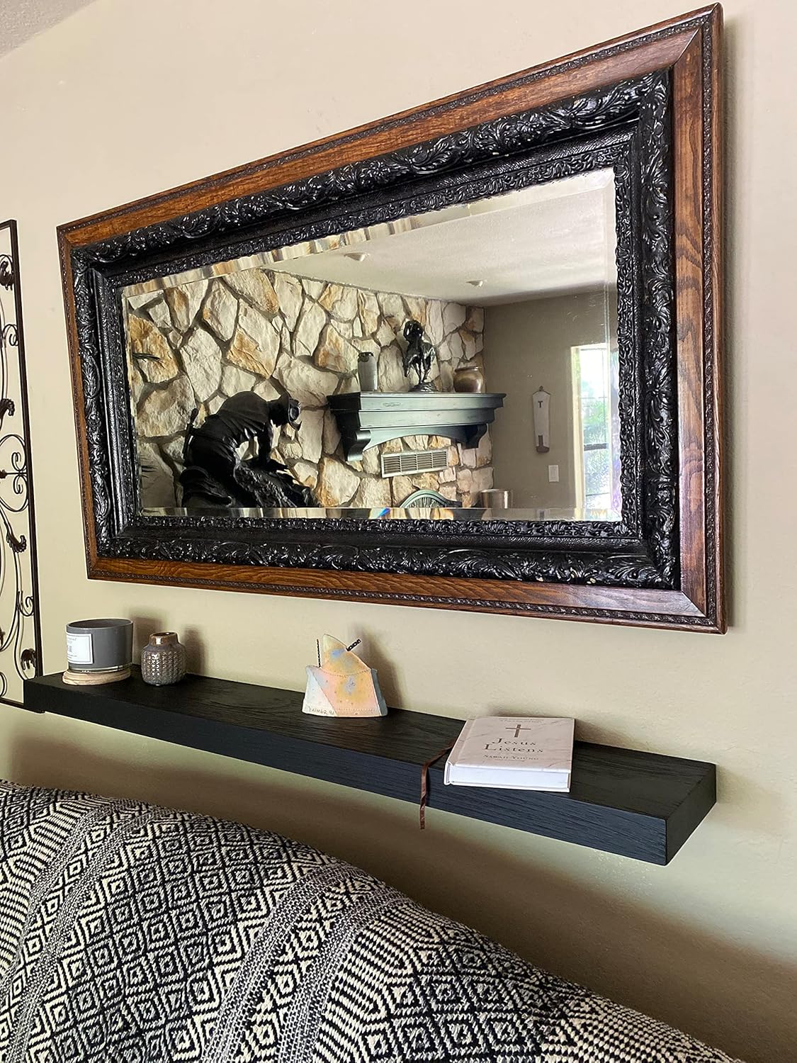 joelsantiques - 54 Inch Wooden Floating Shelves for Wall - 54x8x2 in - Made of Natural Wood - Long Heavy Duty Rustic Wall Shelves for Bedroom - Perfect for Living Room, Kitchen - Black