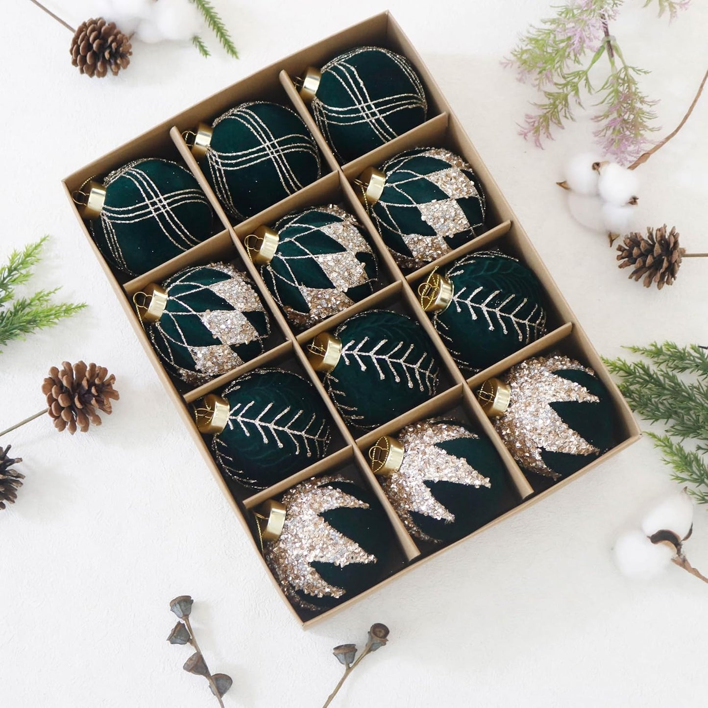 3.15INCH Green Velvet Ornaments for Christmas Tree, 12PCS Glitter Flocked Christmas Ornaments Decorations Balls Set Decor