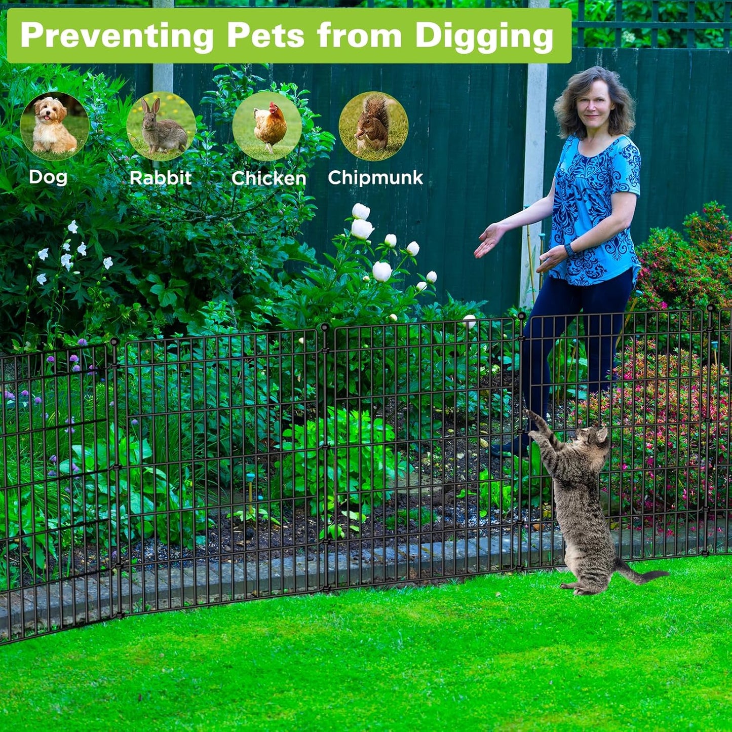 5 Panels No Dig Garden Fence Animal Barrier, 44in(H) × 11.8ft(L) Decorative Metal Outdoor Dog Fence, Rustproof Pet Fencing for Yard, Patio, Flower Bed -Temporary Fencing| Easy to Install