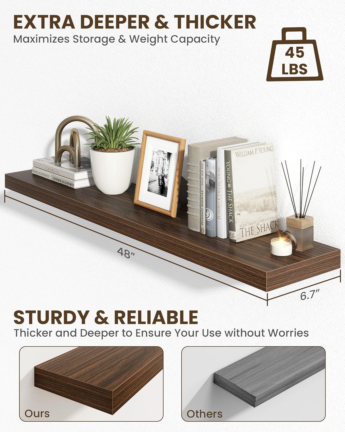 Marsmiles 48" Floating Shelves for Wall, Wooden Shelves with Invisible Brackets Set of 2, Rustic Farmhouse Wall Mounted Shelf for Kitchen Bathroom Living Room Study, Walnut