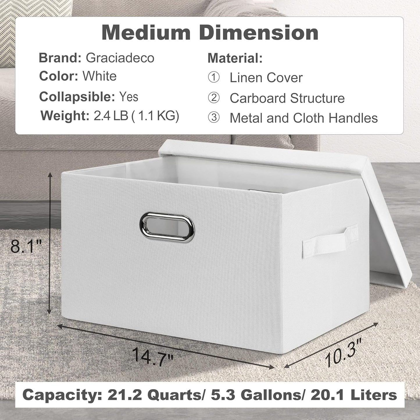 Medium 15" 21 Quart Collapsible Stackable Storage Bins with Lids, 1 Pack White Foldable Fabric Closet Storage Boxes with Lids, 4 Handles Heavy-duty Linen Cube Baskets for Bedroom