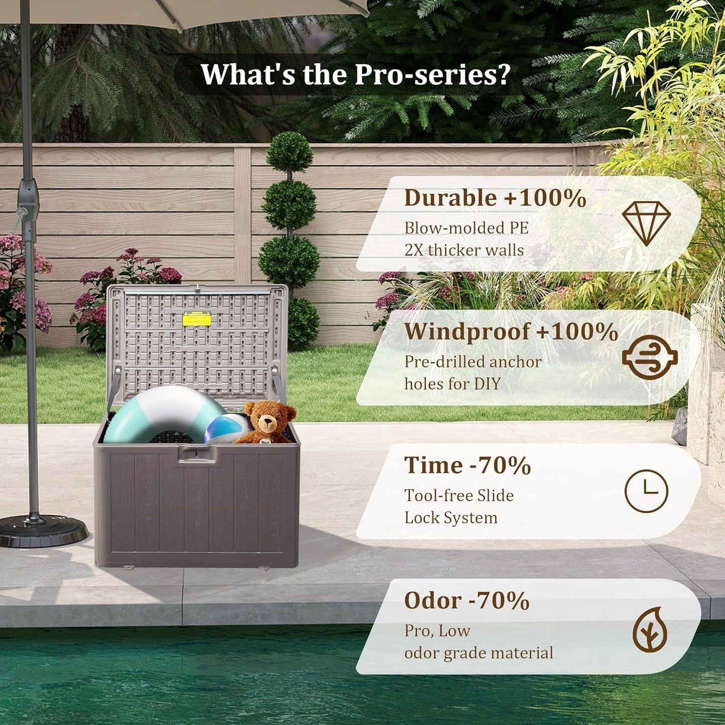 73 Gallon Pro Outdoor Storage Box Waterproof Lockable Resin Deck Box Large, Patio Storage Bin for Pool Accessories Cushion Furniture, Garden Tools, UV-Resistant Outside Delivery Brown