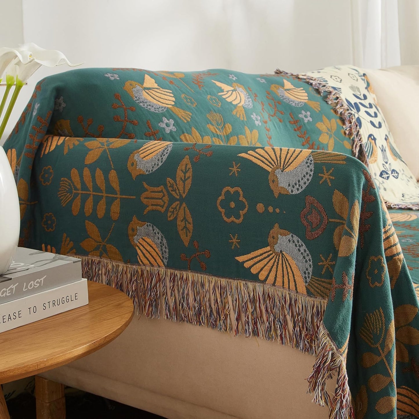 Boho Throw Blanket for Bed 60”x80”, 100% Cotton Woven Blanket for Couch Sofa, Ultra Soft 4-Layer Muslin Quilt with Bird Floral Printed, Farmhouse Bed Blanket/Cover for Living Room Decor