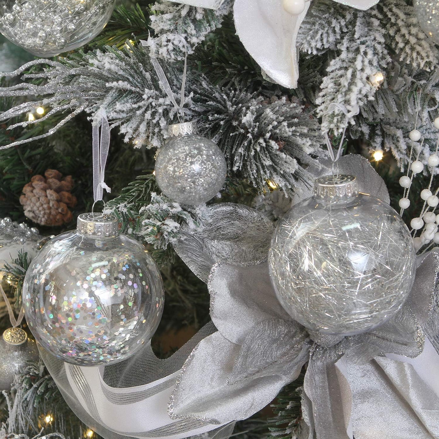 Sea Team 50mm/1.97" Shatterproof Clear Plastic Christmas Tree Ball Ornaments Set, Decorative Hanging Transparent Xmas Baubles with Stuffed Delicate Decorations (30 Counts, Silver)