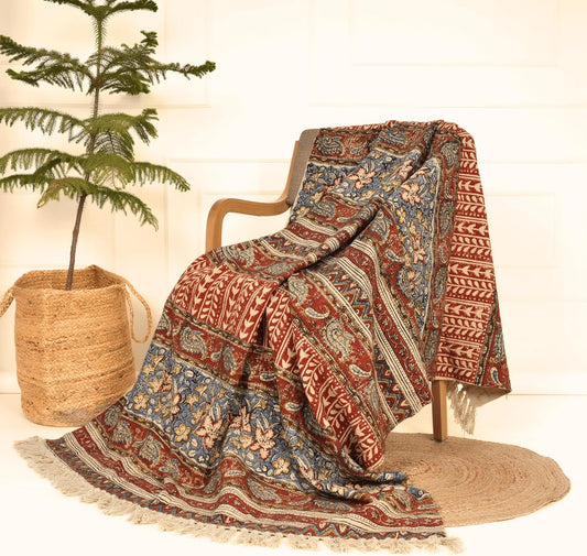 Handmade Cotton Floral Throw Blanket | Indian Block Print with Tassels | Boho Fringed Sofa & Bed Cover | 48x70 Inches Lightweight Decorative Throw for Couch, Living Room & Bedroom