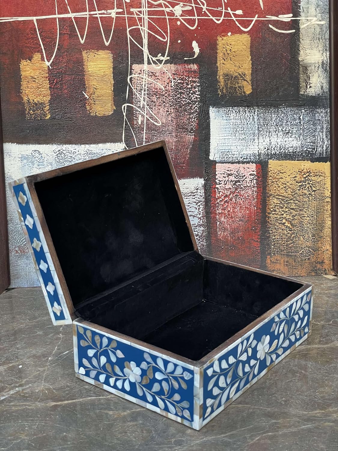 Decorative Storage Box Of Mother Of Pearl Inlay Floral Design Wooden Storage Box For Home Decoration For Living Dining & Bedroom (Navy Blue_12x8x5 inch)