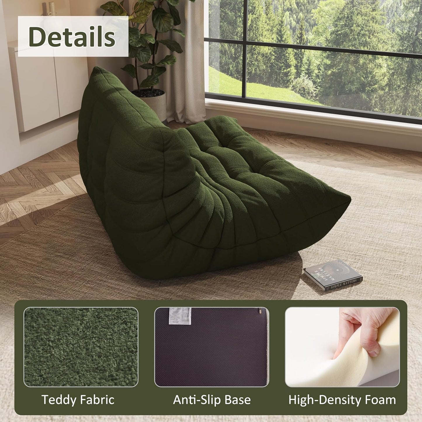 Bean Bag Chair, Oversized Loveseat Fireside Chair for Adults, 2 Seater with Memory Foam Filled, Lazy Sofa Lounge Floor Sofa for Living Room, Bedroom, Office, No Assembly Required. (Green)