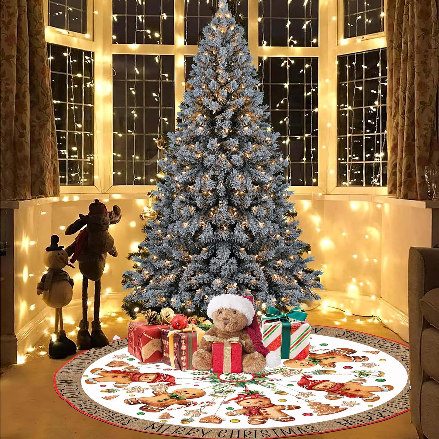 Baccessor Christmas Tree Skirt 36 Inch, Merry Christmas Cute Gingerbread Man Christmas Tree Skirt Collar for Xmas Winter Holiday Farmhouse Vintage Rustic Party Decoration