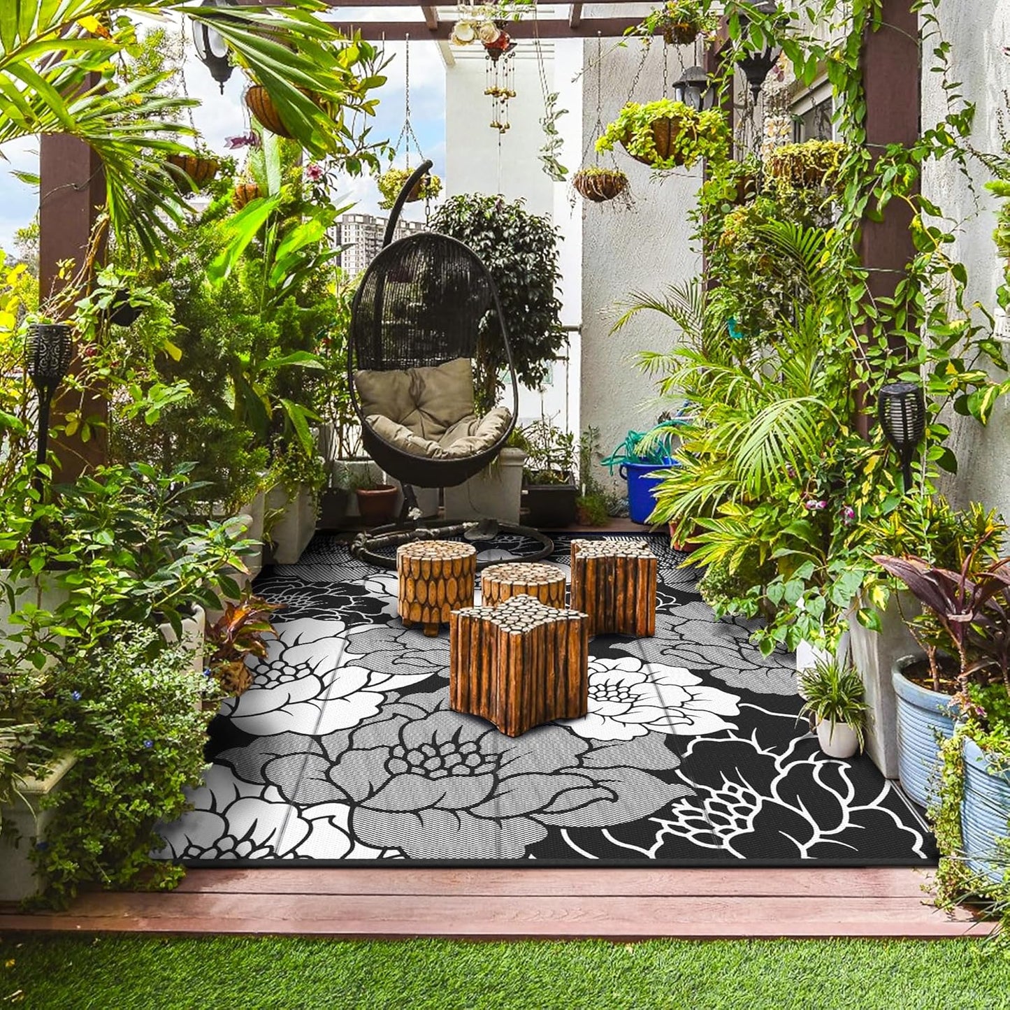 GENIMO Outdoor Rug Waterproof for Patio Decor, 9' x 12' Reversible Plastic Straw Floral Camping Carpet, Large Area Rugs Mats for RV, Camper, Deck, Balcony, Porch, Beach, Picnic, Mix-Black & White