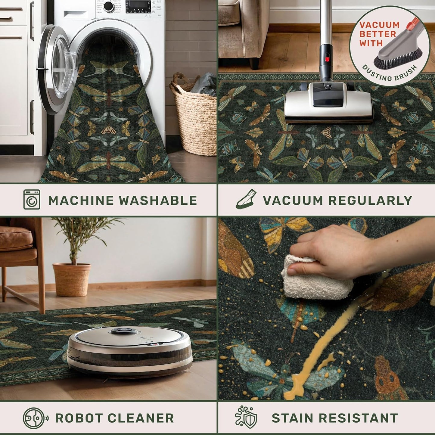 2x3 Entry Way Rugs Indoor - Dark Green Small Throw Rug for Kitchen, Bathroom, Insect Boho Design, Washable Non Slip Stain Resistant