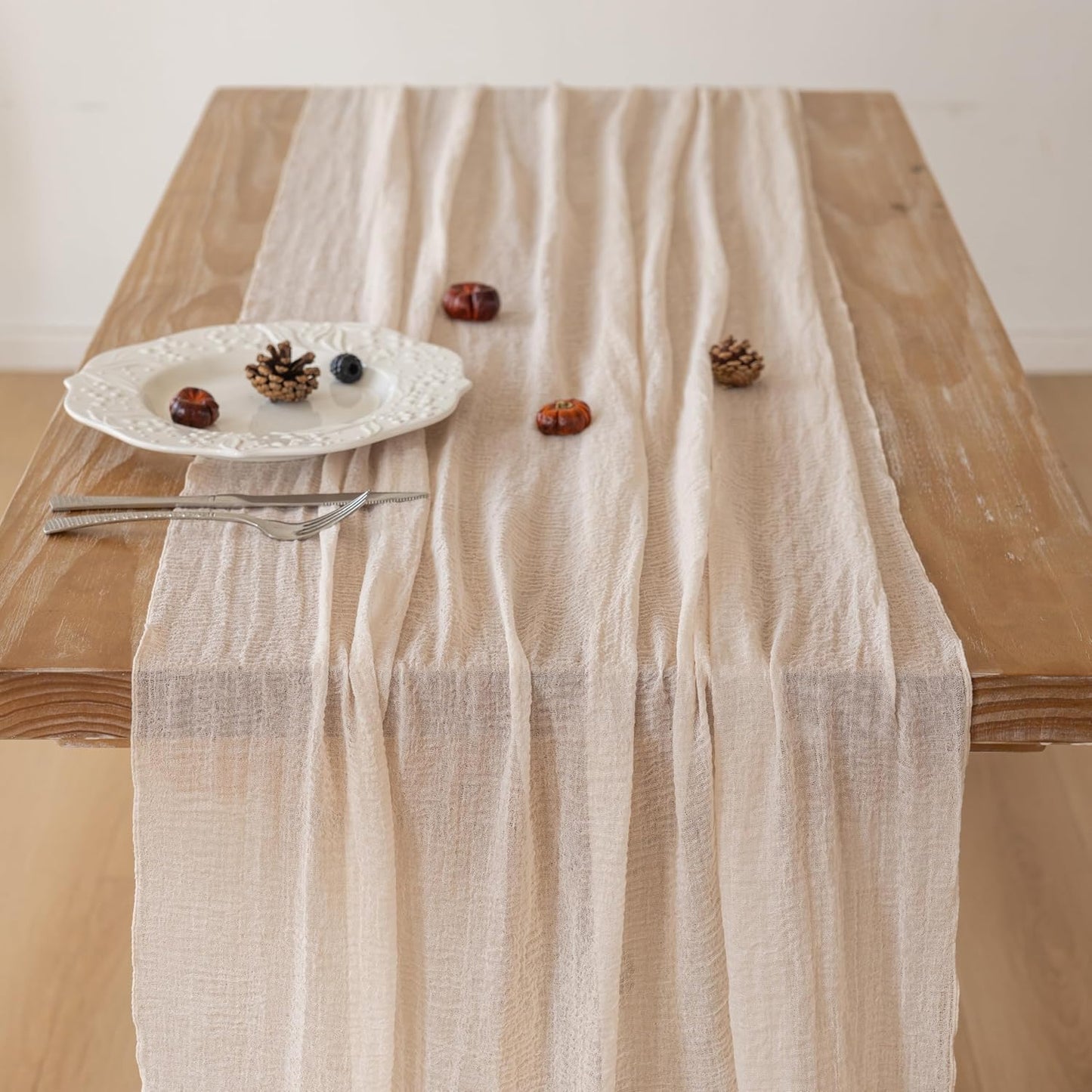 Beige Gauze Rustic Cheesecloth Table Runner 120 Inch 10 FT for Wedding Baby Shower Bridal Shower Birthday Engagement Garden Outdoor Party Long Sheer Boho Decorations