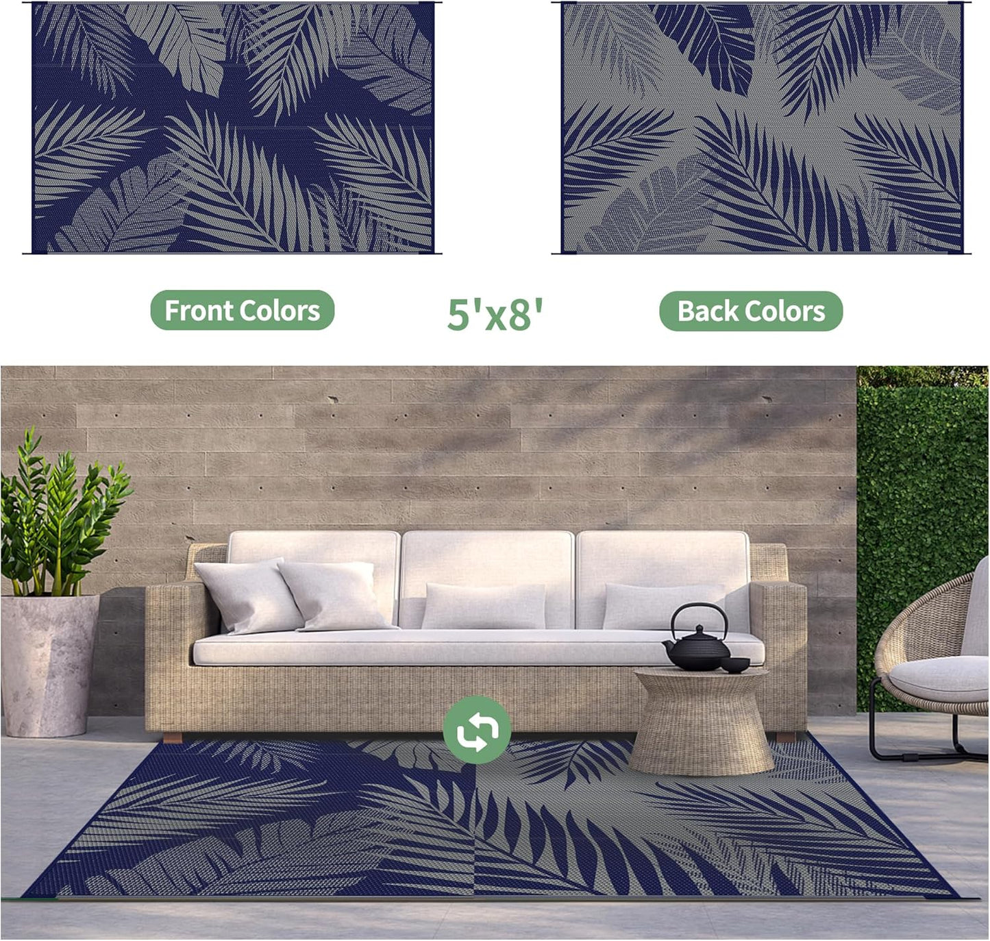 GENIMO Outdoor Rug 5' x 8' Waterproof for Patios Clearance, Reversible Outdoor Plastic Straw Camping Rug Carpet, Large Area Rugs Mats for RV, Picnic, Backyard, Deck, Balcony, Porch, Beach, Blue&Grey