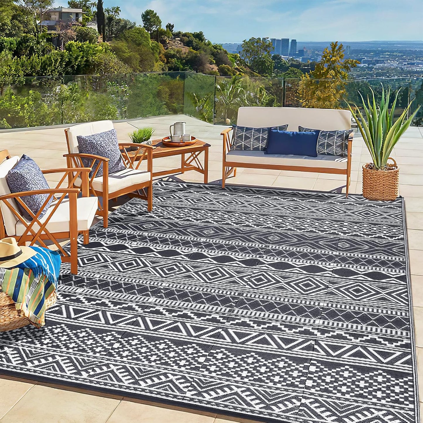 GAOMON Reversible Outdoor Rug 9'x18' Waterproof Plastic Straw Rug, Patio Rug, Large Modern Area Rug Carpet, Indoor Outdoor Rugs for Camping, Porch, Deck, Balcony, Backyard, Grey/White(Bohemia)