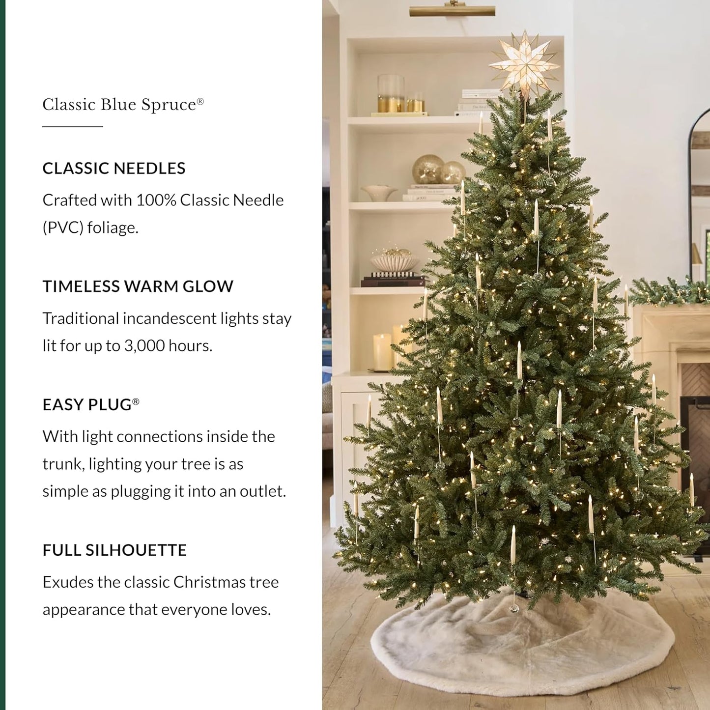 Balsam Hill 9ft Pre-Lit Classic Blue Spruce - Artificial Christmas Tree with 1500 Clear Incandescent Lights, Easy Plug Technology, Premium Stand & Storage Bag for Indoor Holiday Decorating